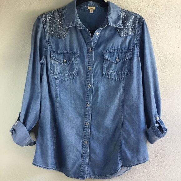 Reba denim button up shirt western style pockets and back with bling country - Picture 9 of 9